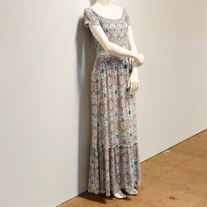 Cooper & Ella Multi-colored Print, Smocked bodice, CapSleeve, Maxi Dress Size: L